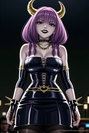 ((best quality)),  ((highly detailed)),  masterpiece,(Black lips:1.4), (white skin:1.4), ((official art)),  detailed face,  beautiful face, (cross-laced clothes:1.3), narrow_waist:1.3, dominatrix:1.4 , (intricate Black dress:1.4), (detailed eyes,  deep eyes),(science fiction, cyberpunk:1.3, street, shopping, dark background),((smirk, grin, naughty face, seductive smile, smug)) ,cowboy shot,(lips), (aura the guillotine, long hair, purple hair, braid, horns, twin braids), (red eyes:1.3),   (spiked bracelet), corset:1.4,chinese dress:1.2, (intricate black earring:1.3), curvaceous, voluptuous body, (makeup:1.5) (lips:1.3), (latex),  (black tube top:1.2), gloves, fingerless gloves, skirt, black choker, belt, pencil skirt, pantyhose, miniskirt, (black skirt), black gloves, black legwear, black choker, Black nails,large breasts:1.2, conspicuous elegance, snobby, upper class elitist, possesses an arroaant charm. her Dresence commands attention and enw, (intricately detailed, hyperdetailed), blurry background, depth of field, best quality, masterpiece, intricate details, tonemapping, sharp focus, hyper detailed, trending on Artstation, 1 girl, solo, high res, official art,RockOfSuccubus,<lora:659111690174031528:1.0>