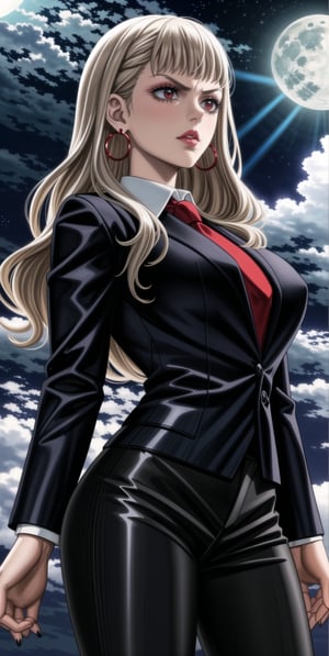 mimosa vermillion, ((silver hair)), ((long hair)),  (((hoop earrings, makeup, lips))), ((large breast)) ,(((narrow_waist))), ((((black suit, black pants)))), white shirt, red necktie, 1girl, earrings, jewelry, night, solo, outdoors, city, star \(sky\), ((red necktie:1.2)), moon, night sky, red eyes, starry sky, sky, shirt, moonlight, formal, standing, full moon, suit, cowboy shot, day,  pants, blue sky,((((black business suit)))), standing,sexy lawyer,(glaring:1.2),glistening skin, (black suit:1.5),  ,<lora:659111690174031528:1.0>