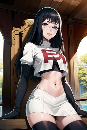 ((best quality)), ((highly detailed)), masterpiece, ((official art)),  lolopechka, (black hair), bangs, long hair, glasses, posing, lips, ( evil smile), ,Team Rocket, cropped jacket, white jacket, crop top, jacket, gloves, black gloves, elbow gloves, navel, midriff, white skirt, miniskirt, skirt, thighhighs, looking at viewer, cowboy shot, temple, throne, sitting ,scenery,indoor,(water:1.2). (water wall:1.2), (castle, temple),intricately detailed, hyperdetailed, blurry background, depth of field, best quality, masterpiece, intricate details, tonemapping, sharp focus, hyper detailed, trending on Artstation, 1 girl, high res, official art,