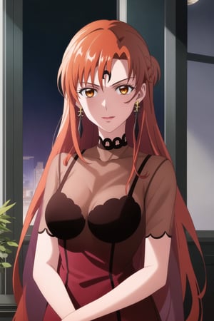 (best quality), (highly detailed), masterpiece, (official art),asuna yuuki, long hair, orange hair, red hair, brown eyes, looking at viewer,  dress, jewelry, see-through, facial mark, moon,  aged up, forehead mark, crescent facial mark, crystal earrings