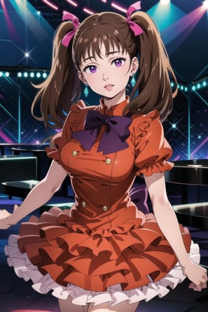 (best quality), (highly detailed), masterpiece, (official art),  diane,twintails, brown hair ,purple eyes, solo,  lips:1.2, beautiful 1girl wearing a earthy red (idol dress) ,layered skirt, frills, ribbon, bow, sequins, looking at viewer, (/nightclub scene, neon lights), , club, (nigth club), ,hd quality, perfect face ,realistic, realistic body , perfect face sync,night club,StandingAtAttention,marinette,night club,b1mb0,