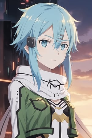 (best quality), (highly detailed), masterpiece, (official art), ((sinon1, cyberpunk, hair ornament, hairclip)), 1girl, portrait, bangs, blue eyes, blue hair, blurry, blurry background, fingerless gloves, green jacket, hair between eyes, hair ornament, hairclip, highres, jacket, long sleeves, outdoors, scarf, short hair, short hair with long locks, sidelocks, signature, sinon, solo, sunset, sword art online, turning head, half-open eyes, smug expression, speaking, 
