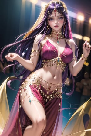 ((best quality)),  ((highly detailed)),  masterpiece,1girl, 1girl, ex, expressionless, ( lips), makeup ,red lips, (dance pose:1.3), ((belly dance, belly dance clothes)), ((red clothes)), provocative look, nightclub scene, neon lights, belly dance,(aroused), blush ,standing, ((makeup:1.2)), (((jewlery))),(earrings:1.2), blush,, looking at viewer, standing, slave, ballroom slave  market,(dutch angle), Saori, long hair, purple hair, (purple eyes),wearing belly dance dress,face_veil,jyojifuku, ((empty eyes))