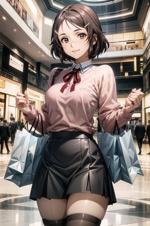 ((best quality)),  ((highly detailed)),  masterpiece,  ((official art)),  detailed face,  beautiful face,  (detailed eyes,  deep eyes),(, shopping_mall,, retail_therapy),  cowboy shot, extravagant shopping spree,  (shopping:1.2),high society,(smile, happy),rika, brown hair, hair clip, brown eyes, freckles,Black skirt,school uniform,((pink sweater:1.2)), zettai ryouiki, neck ribbon pleated skirt, black thighhighs,(at sides, looking at sides), curvaceous,  voluptuous body,  medium breast,  (intricately detailed, hyperdetailed), blurry background, depth of field, best quality, masterpiece, intricate details, tonemapping, sharp focus, hyper detailed, trending on Artstation, 1 girl, solo, high res, official art