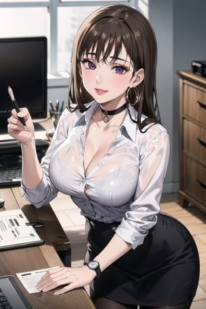((best quality)), ((highly detailed)), masterpiece, ((official art)), ( diane, long hair:1.2), (office:1.3), (window, indoors, plant), (seductive smile), (makeup:1.2),(black choker:1.2),(hoop earrings), (high-waist skirt:1.2), (black skirt), (collarbone, cleavage) , (lips:1.2), (narrow_waist:1.2) , wristwatch, skirt, solo, (cowboy shot:1.2), standing, pencil skirt, (leaning forward:1.3),(hands over desktop:1.3),(seductive pose:1.2) collared shirt, (office lady), (white shirt:1.2), (formal:1.1), shirt tucked in, (skirt suit), black pantyhose, dress shirt, intricately detailed, hyperdetailed, blurry background, depth of field, best quality, masterpiece, intricate details, tonemapping, sharp focus, hyper detailed, trending on Artstation, 1 girl, high res, official art