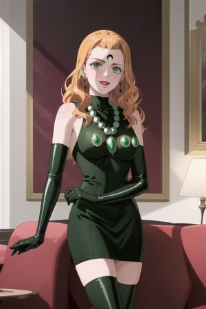 (best quality), (highly detailed), masterpiece, (official art),mimosa vermillion, orange hair, green eyes,, lips, smile, lipstick, makeup, evil smile,
((Forehead mark, crescent facial mark, black crystal earrings, jewelry)).  Dark  dress, black latex, black sleeveless dress, turtleneck_dress, short dress, elbow gloves, green gloves, thighhighs, large necklace, ((gemstone necklace:1.2)), standing,
Modern luxury lounge with dim lighting, featuring sleek black leather sofas, glass tables, and soft ambient lighting from wall sconces. A large window in the background reveals a city skyline at night, adding a touch of sophistication to the scene,