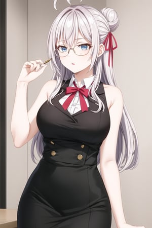 A close-up shot of alya, long hair, grey hair, blue eyes, hair between eyes, hair ribbon, red ribbon, ahoge, tShe looks elegant and professional. She is wearing a sleeveless, high-necked blouse, all black, which fits her figure in a stylish way. She pairs it with a high-waisted pencil skirt with a black and white geometric pattern, which gives her a modern and sophisticated touch. In addition, she wears dark-framed glasses that complement her office look. Her hair is tied up in a high bun, which adds an air of formality and professionalism to the outfit.