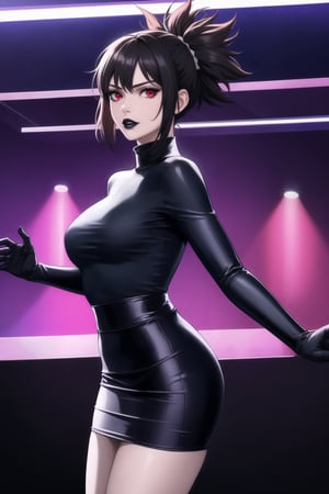 (best quality), (highly detailed), masterpiece, (official art),  kohaku, black hair:1.2, red eyes, hair ornament, ponytail, solo,  lips:1.2, black lips:1.4, lipstick:1.2, skirt, black turtleneck shirt, black shirt, latex:1.2, gloves, pencil_skirt, shirt, black gloves, standing, looking at viewer, breasts, black skirt, looking at viewer, (/nightclub scene, neon lights), , club, (nigth club), ,hd quality, perfect face ,realistic, realistic body , perfect face sync,night club,StandingAtAttention,marinette,night club,b1mb0, 