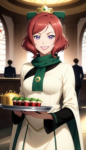 score_9, score_8_up, score_7_up, intricate details,1girl, lovelive_maki, nishikino maki, red hair, short hair, indoors,joo dee, dress, crown, scarf, hair ornament, grin, smile, lips, cowboy shot, smirk, arms at sides, long slevees, holding tray, cowboy shot