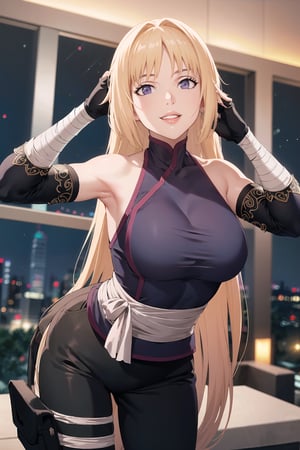 (best quality), (highly detailed), masterpiece, (official art),sumire kakei, posing, leaning_forward, lips, (blonde hair), smile, long hair, ninja, elbow gloves, bandages, black pants, looking at viewer, city, night, sky, (intricately detailed, hyperdetailed), blurry background,depth of field, best quality, masterpiece, intricate details, tonemapping, sharp focus, hyper detailed, trending on Artstation,1 girl, high res, official art,b1mb0