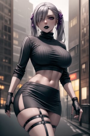 ((best quality)), ((highly detailed)), masterpiece, ((official art)), detailed face, beautiful face, (detailed eyes, deep eyes), seductive posing, (cowboy shot),noelle_silva,silver hair,twintails,bangs,purple eyes,  (sexy:1.3),  (hair covering one eye:1.3), (makeup, black lips:1.3),( pale white skin, very white skin, goth, long eyelashes), medium to big breasts, black gloves, black skirt:1.2, closed mouth, cowboy shot, ((black turtleneck, black crop top)), hoop earrings, fingerless gloves, gloves, highres, jewelry, , midriff, miniskirt, navel, pencil skirt, skirt, solo, standing, stomach, striped, striped bow, thigh strap, city street, nighttime, intricately detailed, hyperdetailed, blurry background, depth of field, best quality, masterpiece, intricate details, tonemapping, sharp focus, hyper detailed, trending on Artstation, 1 girl, high res, official art,