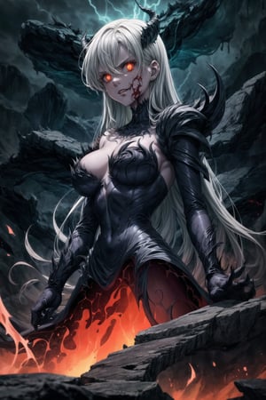 Elizabeth, black hair, lips, ruler of hell, stands as a malevolent dictator, her long hair flowing like darkness itself, gradient from white to dark, framing her cold gaze. Her elaborate gown, adorned with sinister symbols and glowing red accents, reflects her dominance and cruelty. The background features a hellish landscape: rivers of lava, jagged rocks, tormented souls, and dark clouds with lightning. Eerie, red and black glows illuminate the scene, capturing the dark and oppressive atmosphere of her dominion.