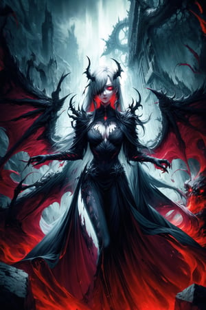 Elizabeth, white hair,hair_over_eye ,lips, ruler of hell, black wings,darkness wings,wings,demon wings,stands as a malevolent dictator, her long hair flowing like darkness itself, gradient from white to dark, framing her cold gaze. Her elaborate gown, adorned with sinister symbols and glowing red accents, reflects her dominance and cruelty. The background features a hellish landscape: rivers of lava, jagged rocks, tormented souls, and dark clouds with lightning. Eerie, red and black glows illuminate the scene, capturing the dark and oppressive atmosphere of her dominion.,shadow