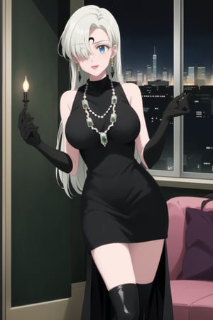 (best quality), (highly detailed), masterpiece, (official art),elizabeth, long hair, blue eyes, white hair, hair over one eye, single earring,, lips, smile, lipstick, makeup,
((Forehead mark, crescent facial mark, black crystal earrings, jewelry)).  Dark  dress, black latex, black sleeveless dress, turtleneck_dress, short dress, elbow gloves, green gloves, thighhighs, large necklace, ((gemstone necklace:1.2)), standing,
Modern luxury lounge with dim lighting, featuring sleek black leather sofas, glass tables, and soft ambient lighting from wall sconces. A large window in the background reveals a city skyline at night, adding a touch of sophistication to the scene