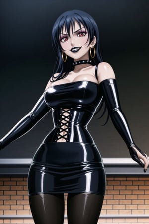((best quality)),  ((highly detailed)),  masterpiece,(Black lips:1.4), (white skin:1.4), ((official art)),  detailed face,  beautiful face, (cross-laced clothes:1.3), narrow_waist:1.3, dominatrix:1.4 , (intricate Black dress:1.4), (detailed eyes,  deep eyes),(science fiction, cyberpunk:1.3, street, shopping, pose:1.3, dancing:1.3, middle finger:1.3, \m/:1.2),((smirk, grin, naughty face, seductive smile, smug)) ,cowboy shot,(lips), umi sonoda, long hair, blue hair, (red eyes:1.3),   (spiked bracelet), corset:1.4, (black hoop earring:1.3), curvaceous, voluptuous body, (makeup:1.5) (lips:1.3), (latex:1.3),  (black tube top:1.2), gloves,(elbow gloves:1.2), skirt, black choker, pencil skirt, pantyhose, miniskirt, (black skirt), black gloves, black legwear, black nails,large breasts:1.2, (intricately detailed, hyperdetailed), blurry background, depth of field, best quality, masterpiece, intricate details, tonemapping, sharp focus, hyper detailed, trending on Artstation, 1 girl, solo, high res, official art,RockOfSuccubus, umi sonoda,<lora:659111690174031528:1.0>
