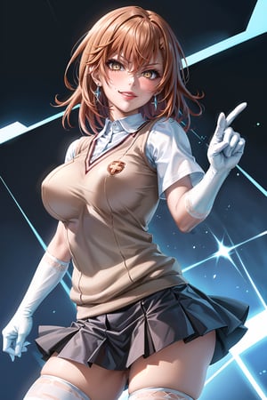 ((best quality)),  ((highly detailed)),  masterpiece,1girl, ((closed_mouth, sparkling_eyes, smug, shaded_face,evil smile)),(large breasts), tokiwadai school uniform, sweater vest, short sleeves, (](white gloves, elbow gloves)), pleated skirt, white thighhighs ,1girl, lips:1.3, red lips, makeup:1.3, ((gyaru)) ,jewelry, blush, earrings, looking at viewer, standing, cowboy shot, red hair, school, short hair, aamikoto ,hmmisaki,hypnoCollar,V-shaped eyebrows, 1girl