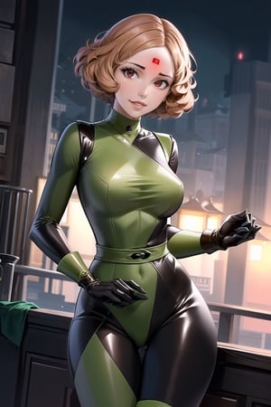 (best quality), (highly detailed), masterpiece, (official art), (dutch angle:1.2),(dsharu, brown hair, short hair), red eyes, lips, ( evil smile), lips, (microchip:1.2), (shegosuit:1.2), green bodysuit, latex , looking at viewer, china, asiática, city, night, sky, (intricately detailed, hyperdetailed), blurry background,depth of field, best quality, masterpiece, intricate details, tonemapping, sharp focus, hyper detailed, trending on Artstation,1 girl, high res, official art