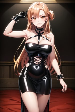 masterpiece,best quality,highres,ultra-detailed, asuna yuuki, long hair, orange hair, red hair, brown eyes,lips:1.2, (cross-laced clothes:1.3), narrow_waist:1.3, dominatrix:1.4 , (intricate Black dress:1.4), (pose:1.3), ,((smirk, grin, naughty face, seductive smile, smug)), (spiked bracelet), corset:1.4, (black hoop earring:1.3), curvaceous, voluptuous body, (latex:1.5), (black tube top:1.2), black choker, pencil skirt,  miniskirt, (black skirt),  black nails,large breasts:1.3,, (royal room:1.2),standing, StandingAtAttention,b1mb0,night club,lemon0021,,,RockOfSuccubus,asuna yuuki