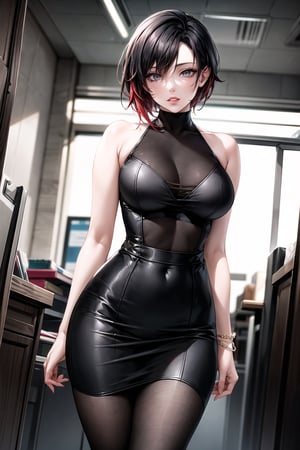 ((best quality)),  ((highly detailed)),  masterpiece,  ((official art)), (ruby rose), lips, sleeveless, bare shoulders, figure, turtleneck, black pencil skirt, office, lady office, black shirt, shirt_tucked_in, building, bracelet, parted lips, cellphone picture, indoors, intricately detailed, hyperdetailed, blurry background, depth of field, best quality, masterpiece, intricate details, tonemapping, sharp focus, hyper detailed, trending on Artstation, 1 girl, high res, official art,