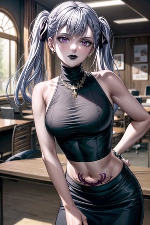 ((best quality)),  ((highly detailed)),  masterpiece,  ((official art)), (noelle_silva, silver hair,purple eyes, twintails, bangs, earrings, jewelry),RockOfSuccubus, (lips:1.2), (black lips:1.3), black nails, (( arms_at_sides:1.2, hand_on_own_hip, head_tilt)),  (pubic tattoo:1.3),  navel, midriff, sleeveless, bare shoulders, figure, turtleneck, ((black shirt)), (black pencil skirt), (office), lady office, , building, bracelet, parted lips, indoors, intricately detailed, hyperdetailed, blurry background, depth of field, best quality, masterpiece, intricate details, tonemapping, sharp focus, hyper detailed, trending on Artstation, 1 girl, high res, official art