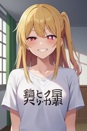 score_9, score_8_up, score_7_up, BREAK source_anime, 1girl, hoshino ruby, blonde hair, long hair, one side up, red eyes, mismatched pupils, star-shaped pupils, smile, half-closed eyes, blush, looking at viewer, using shirt with "LOVE" writing, japanese text, indoors 