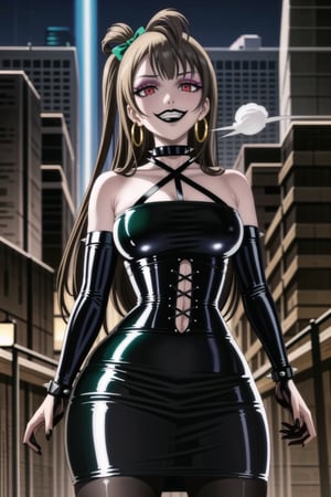 ((best quality)),  ((highly detailed)),  masterpiece,(Black lips:1.4), (white skin:1.4), ((official art)),  detailed face,  beautiful face, (cross-laced clothes:1.3), narrow_waist:1.3, dominatrix:1.4 , (intricate Black dress:1.4), (detailed eyes,  deep eyes),science fiction, cyberpunk:1.3, street, shopping, pose:1.3, smoke:1.3, holding cigarette:1.3, smoking:1.2,((smirk, grin, naughty face, seductive smile, smug)) ,cowboy shot,(lips), minami kotori, long hair,  bangs, hair bow, green bow, (red eyes:1.3),   (spiked bracelet), corset:1.4, (black hoop earring:1.3), curvaceous, voluptuous body, (makeup:1.5) (lips:1.3), (latex:1.3),  (black tube top:1.2), gloves,(elbow gloves:1.2), skirt, black choker, pencil skirt, pantyhose, miniskirt, (black skirt), black gloves, black legwear, black nails,large breasts:1.2, (intricately detailed, hyperdetailed), blurry background, depth of field, best quality, masterpiece, intricate details, tonemapping, sharp focus, hyper detailed, trending on Artstation, 1 girl, solo, high res, official art,RockOfSuccubus,,kotori minami,minami kotori,,<lora:659111690174031528:1.0>