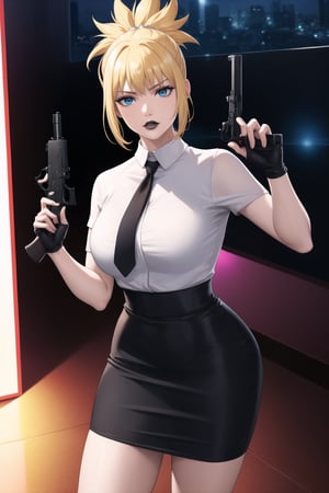 (best quality), (highly detailed), masterpiece, (official art),  kohaku, blonde hair, blue eyes, hair ornament, ponytail, solo,  lips:1.2, black lips:1.4, lipstick:1.2, skirt, black neckktie, latex:1.2, gloves, pencil_skirt, shirt, black gloves, standing, looking at viewer, white shirt, breasts, black skirt, looking at viewer, (/nightclub scene, neon lights), , club, (nigth club), ,hd quality, perfect face ,realistic, realistic body , perfect face sync,night club,StandingAtAttention,marinette,night club,b1mb0, gun, weapon, holding gun, handgun, holding, pistol, gun, handgun, pistol, holding weapon,  trigger discipline,