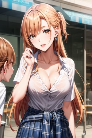 ((best quality)), ((highly detailed)), masterpiece, ((official art)), detailed face, beautiful face, (detailed eyes, deep eyes), seductive posing, (cowboy shot),asuna yuuki, long hair, brown eyes, orange hair, red hair, purple lips:1.2, 1girl, blonde hair, multicolored hair, bangs, one side up, long hair,  hairclip, jewelry, earrings, medium breasts, gyaru, cleavage, collarbone, school uniform, white shirt, short sleeves, bow, blue skirt, plaid skirt, sweater around waist, nail polish, blue nails, laughing, looking at viewer