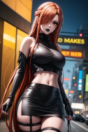 ((best quality)), ((highly detailed)), masterpiece, ((official art)), detailed face, beautiful face, (detailed eyes, deep eyes), seductive posing, (cowboy shot),aaasuna, long hair, brown hair,braid, brown eyes,  (sexy:1.3),  (long straight red hair, orange hair, long straight hair, hair covering one eye:1.3), (makeup, black lips:1.3),( pale white skin, very white skin, goth, long eyelashes), medium to big breasts, black gloves, black jacket:1.2, black skirt:1.2, closed mouth, cowboy shot, ((turtleneck, black crop top)), hoop earrings, fingerless gloves, gloves, highres, black leather jacket, jewelry, , midriff, miniskirt, navel, pencil skirt, skirt, solo, standing, stomach, striped, striped bow, thigh strap, city street, nighttime, intricately detailed, hyperdetailed, blurry background, depth of field, best quality, masterpiece, intricate details, tonemapping, sharp focus, hyper detailed, trending on Artstation, 1 girl, high res, official art,asuna yuuki