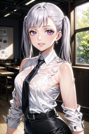 (best quality), (highly detailed), masterpiece, (official art), noelle_silva, long hair, purple eyes, twintails, bangs, earring, silver hair,  lips, smile, necktie,  bare shoulders,  shirt tucked in,looking at viewer, shirt, black necktie, white shirt, medium breasts,window, formal, office lady,pencil skirt, black belt,  (intricately detailed, hyperdetailed), blurry background,depth of field, best quality, masterpiece, intricate details, tonemapping, sharp focus, hyper detailed, trending on Artstation,1 girl, solo,high res,official art