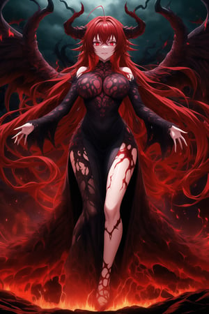 A masterpiece of dark fantasy: Rias Gremory, malevolent demon, lips curled into an evil smile, long flowing red hair cascading down her back like a fiery waterfall. Her delicate ahoge and intricate black gown billow softly as she floats amidst hell's fiery depths. Black wings spread wide behind her, emitting a darkness-infused light that adds to her ominous presence. Red eyes gleam with malevolent intent as she stands poised, arms outstretched in a violent welcome. Softly glowing fire illuminates her figure, while rays of dark light pierce the heavens above, casting an eerie glow on Rias' demonic form. The hellish landscape before her is bathed in red hues, as if infernal flames are breaking through to create this haunting atmosphere.