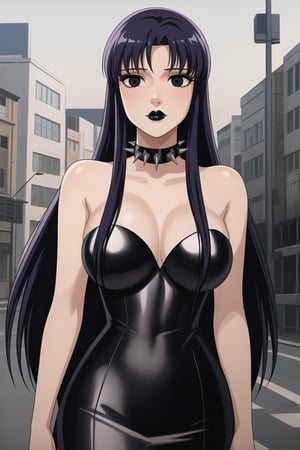 ((best quality)),  ((highly detailed)),  masterpiece,  ((official art)),(Saori Kido, Saori, long hair, black hair:1.3),((black eyes, empty eyes,expressionless,hypnosis)),(((white skin))) ,((makeup,lipstick, black lips:1.2)),absurdres, (spiked collar:1.2),  coyboy shot:1.3, thighhighs, lips,  blush,  (black latex:1.3),  black dress:1.2,  miniskirt  ((bodyconf)),  bare shoulders,  (( strapless)),  large breast,  looking at viewer,  street,  city,  nigth,  moon,  club,  (nigth club),  , hd quality,  perfect face , realistic,  realistic body,  perfect face sync,  , b1mb0,,,black lips,Saori Kido