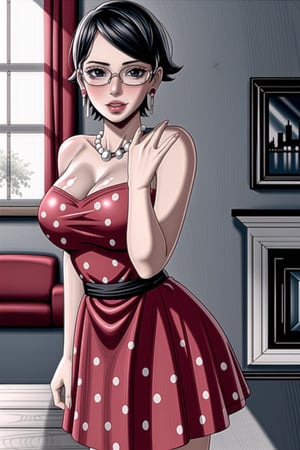 (best quality), (highly detailed), masterpiece, (official art),(sarada, black eyes, jewelry, earrings , glasses, swept bangs),(Stepford),lips, makeup, lipstick,red lips,smile, (pose),(polka dot:1.4), (polka dot dress:1.4),(pearl necklace:1.2), pearl bracelet, bare shoulders,(red dress:1.2),(aroused), nose blush ,standing, big breasts, (large pearl necklace), (hoop earrings:1.2), looking at viewer, window, indoors, scenery, intricately detailed, hyperdetailed, blurry background, depth of field, best quality, masterpiece, intricate details, tonemapping, sharp focus, hyper detailed, trending on Artstation, 1 girl, high res, official art,,<lora:659111690174031528:1.0>