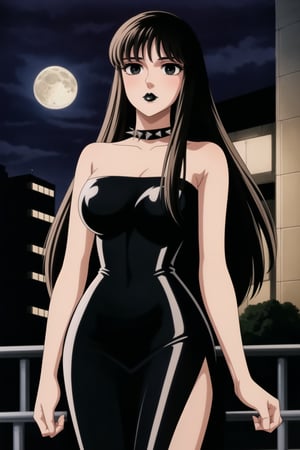 ((best quality)),  ((highly detailed)),  masterpiece,  ((official art)),(Saori Kido, Saori, long hair, black hair:1.3),((black eyes, empty eyes,expressionless,hypnosis)),(((white skin))) ,((makeup,lipstick, black lips:1.2)),absurdres, (spiked collar:1.2),  coyboy shot:1.3, thighhighs, lips,  blush,  (black latex:1.3),  black dress:1.2,  miniskirt  ((bodyconf)),  bare shoulders,  (( strapless)),  large breast,  looking at viewer,  street,  city,  nigth,  moon,  club,  (nigth club),  , hd quality,  perfect face , realistic,  realistic body,  perfect face sync,  , b1mb0,,,black lips