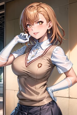 ((best quality)),  ((highly detailed)),  masterpiece,1girl, ((symbol-shaped pupils, +_+, closed_mouth, sparkling_eyes, smug, shaded_face,evil smile)),(large breasts), tokiwadai school uniform, sweater vest, short sleeves, (](white gloves, elbow gloves)), pleated skirt, white thighhighs ,1girl, lips:1.3, red lips, makeup:1.3, ((gyaru)) ,jewelry, blush, earrings, looking at viewer, standing, cowboy shot, red hair, school, short hair, aamikoto ,hmmisaki,hypnoCollar,V-shaped eyebrows, 1girl,dizzy-swirl eyes