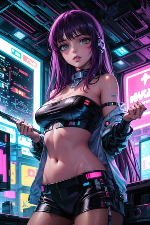 masterpiece,best quality,highres,ultra-detailed,purple hair, long hair, Saori, ((hacker)), ((black tube top,navel)),fishnets ,computer, monitor, wive, cable,(( cyberpunk)), indoors, neon nigth, ((Cyborg)), ((star wars)), chip, cyberpunk, collar, open_track_jacket