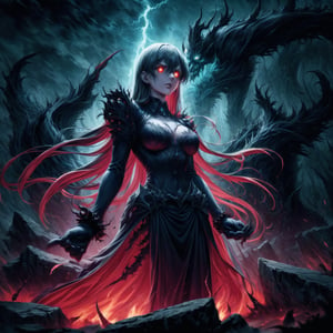 Elizabeth, black hair, lips, ruler of hell, stands as a malevolent dictator, her long hair flowing like darkness itself, gradient from white to dark, framing her cold gaze. Her elaborate gown, adorned with sinister symbols and glowing red accents, reflects her dominance and cruelty. The background features a hellish landscape: rivers of lava, jagged rocks, tormented souls, and dark clouds with lightning. Eerie, red and black glows illuminate the scene, capturing the dark and oppressive atmosphere of her dominion.