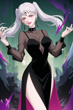 (best quality), (highly detailed), masterpiece, (official art), (noelle_silva,silver hair,twintails,bangs,jewelry), makeup, ((black moon, forehead mark, crescent facial mark, black crystal earrings)), aged up, evil smile, lips, lipstick, posing, anime coloring, ((black dress, long sleeves, see-through)), pink dress, side slit, A dark and mysterious female character inspired by the style of classic anime. She has an evil face with an evil smile, giving her an imposing and intimidating presence. The overall atmosphere is dark and mysterious, with a sense of power and control emanating from her posture.,