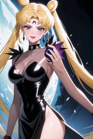 evil smile, red eyes, jewelry,  earrings, makeup, facial mark, lipstick,  forehead mark, crescent facial mark, black crystal earrings,crescent, , dress,black dress, see-through,,side slit, .,aausagi, double bun, twintails,parted bangs, blonde hair
(best quality), (highly detailed), masterpiece, (official art), A dark and mysterious female character inspired by classic anime style,  She has a cold, expressionless face with pale skin and dark, bold lips, giving her a commanding and intimidating presence.  The overall atmosphere is dark and mysterious, with a sense of power and control emanating from her poised stance