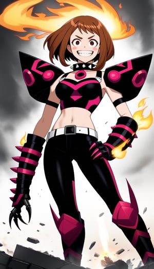 score_9, score_8_up, score_7_up, intricate details,1girl, ochako uraraka, solo, short brown hair, bob cut, evil grin, sharp teeth, malicious expression, crazy eyes, constricted pupils, black sclera,  spiked gauntlets, oversized grenade bracers, black combat boots, orange belt,  sinister expression, wearing black leather corset, tight dark outfit, spiked shoulder pads, thigh-high boots, high heels, exposed midriff, body harness, leather straps, sharp claws, metallic accessories, explosive accessories, spiked collar, villain aura, standing pose, flames in background, explosions, smoke, dark atmosphere, anime style, dynamic lighting, glowing embers, chaotic energy, destruction, confident stance, sadistic grin, villainous attitude