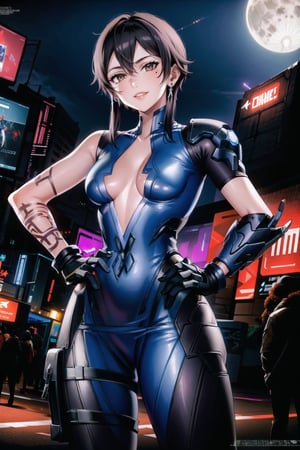 ((best quality)), ((highly detailed)), masterpiece, ((official art)), shino asada, ((black hair:1.2)), short hair,  hair between eyes, hair ribbon, sidelocks, short hair with long locks:1.3,  (lips), evil smile, hand on hip,cowboy shot, (widowsuit:1.2), black gloves, medium breasts, tattoo, (arm tattoo:1.2) ,(pose:1.3), best quality, masterpiece, intricate details, scenary, outdoors, street, nigth, moon, (cyberpunk:1.2), star_(sky), spacecraft,trending on Artstation,  ,widowsuit,arm tattoo,aayelan