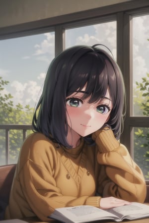 masterpiece, best quality, 1girl, looking at viewer, blush, long sleeves, sitting, closed mouth,  upper body,  indoors, book, window, plant, head rest, book stack, blunt bangs, sweater, soft smile,akane