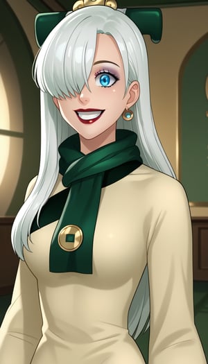 score_9, score_8_up, score_7_up, intricate details,1girl, elizabeth, long hair, white hair,hair over one eye, blue eyes, red lips, indoors,joo dee, dress, scarf, hair ornament, grin, smile, lips, joo dee,  full body,long dress, green scarf, beige dress, teeth,makeup,wide-eyes, eyeshadow,standing, 