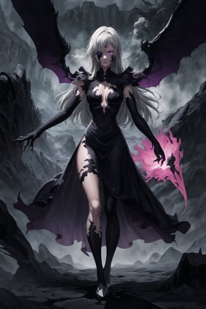 monochrome,greyscale,(tattoo,facial mark,aura,glowing,bodypaint,smoke,dark aura:1.2),1girl,long hair,medium breasts,black hair,angry,purple eyes,wings,claws,looking at viewer,nude,censored,armor,convenient censoring,Elizabeth, black hair, lips, ruler of hell, stands as a malevolent dictator, her long hair flowing like darkness itself, gradient from white to dark, framing her cold gaze. Her elaborate gown, adorned with sinister symbols and glowing red accents, reflects her dominance and cruelty. The background features a hellish landscape: rivers of lava, jagged rocks, tormented souls, and dark clouds with lightning. Eerie, red and black glows illuminate the scene, capturing the dark and oppressive atmosphere of her dominion.