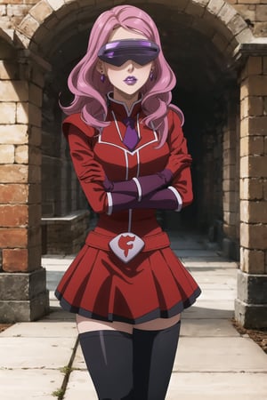 (best quality), (highly detailed), masterpiece, (official art),Vanessa, jewelry, earrings, long hair, pink hair,, mature_female, 1girl, solo, ((head-mounted display)), ((purple lips:1.2)), (team flare:1.2),  gloves,((armor, juliet_sleeves:1.2)), long_sleeves , pleated skirt,  necktie, red dress, belt, red dress, (pantyhose, red footwear1.2), (lips:1.2), ((arms at sides)),, cowboy shot, looking at viewer, indoors, blurry background,depth of field, best quality, masterpiece, intricate details, tonemapping, sharp focus, hyper detailed, trending on Artstation,