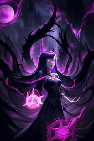 "Dark Sorceress gwentennyson Forbidden Power":
gwentennyson, long red hair, now twisted by dark magic, stands menacingly in her corrupted form. Her once-vibrant violet mage attire has transformed into a shadowy, tattered robe, pulsating with forbidden runes and dark flames. Her eyes glow with an ominous purple hue, and her expression is one of cruel dominance. In one hand, she clutches a cursed, blackened grimoire with glowing violet symbols that pulse with dark energy. Her other hand conjures an ominous ball of dark magic, swirling with shadowy tendrils and streaks of purple lightning.
The background is a dark, shattered void, filled with jagged cracks that leak sinister energy. Magic circles of forbidden glyphs spin around her, their deep purples and blacks contrasting against the darkened backdrop. Glistening, arcane chains twist and writhe in the air, like serpents of shadow, while forbidden runes and sigils shimmer in the darkness. Faint whispers of tortured souls emanate from the chaotic magical storm surrounding her. Streaks of corrupted purple flames and black smoke rise from the ground, engulfing the entire scene in a sense of forbidden power. Sharp, electric effects and glowing dark orbs hover in the air, as Gwendolyn channels the full force of her dark sorcery. The entire image glows with an eerie, shadowy light, casting deep, high-contrast shadows, and creating a menacing, oppressive atmosphere.,