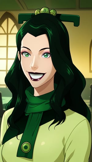 score_9, score_8_up, score_7_up, intricate details,1girl, Long hair, black hair, lipstick, green eyes, asami,, indoors,joo dee, dress, scarf, hair ornament, grin, smile, lips,((joo dee, green dress, green scarf, green hair ornament)).