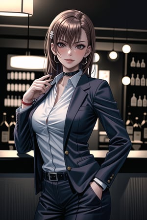 ((best quality)),  ((highly detailed)),  masterpiece,1girl, 1girl, (lips:1.2), seductive smile, smirk, naughty_face,nail polish, solo,   black pants,  formal,  black jacket,  open jacket,  (white shirt),  belt, ,  black jacket, (black suit),  long sleeves,  shirt tucked in,, (black choker), blush, earrings, black nails, looking at viewer, standing, cowboy shot, fingernails,  bar,outdoor,lamp,nigth,space, alcohol, sexy pose:1.2, purple nails, wristband, aamikoto,<lora:659111690174031528:1.0>