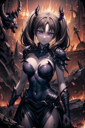 ((Best quality)), masterpiece, Diane, twintails, bangs, brown hair, purple eyes,

Anime illustration of Diane as the personal minion and elite warrior of Elizabeth, the ruler of hell. Diane has been corrupted by the same dark power and forbidden magic, transformed into a succubus serving the dark queen. Her brown hair is styled in twintails with bangs, and her eyes now glow with an unnatural, sinister purple hue.

Diane wears a revealing, dark armor adorned with infernal symbols and spikes, designed for both seduction and combat. Her outfit is accented with glowing red and black highlights, matching the malevolent aesthetics of her queen. Her demeanor is one of unwavering loyalty and cruelty, reflecting her complete submission to Elizabeth's will.

The background continues to feature the hellish landscape with rivers of lava, jagged rocks, and tormented souls. Diane stands ready for battle, her posture indicating readiness to enforce her queen's cruel commands. The scene is lit with the same eerie red and black glows, emphasizing the dark and oppressive atmosphere of their infernal domain.