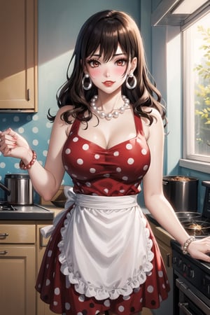 ((best quality)),  ((highly detailed)),  masterpiece,1girl, 1girl,  seductive smile, solo,   (Stepford),lips, makeup, lipstick,red lips, (pose),(polka dot:1.4), (polka dot dress:1.4),(pearl necklace:1.2), pearl bracelet, bare shoulders,(red dress:1.2),(aroused), blush ,standing,  (large pearl necklace), (hoop earrings:1.2),  (apron), blush,, looking at viewer, standing, cowboy shot, fingernails, kitchen, cooking, indoors, house, windows, cortain, food, hori kyouko